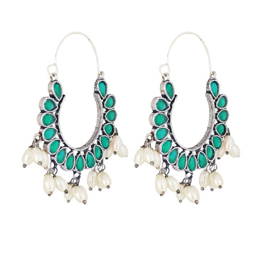 Green stone German Silver Hoop Earrings